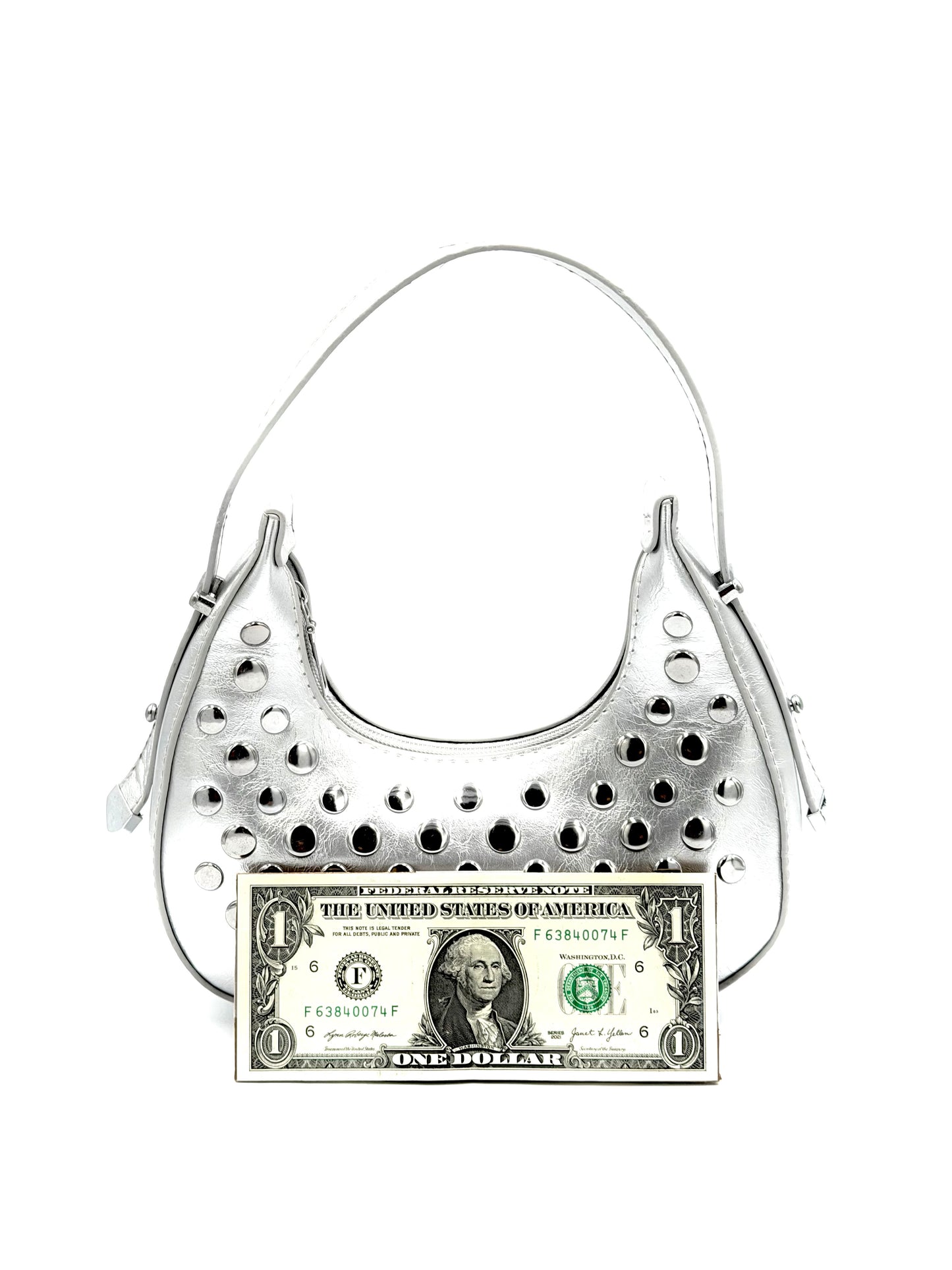 Metallic Silver Studded Mini Hobo Bag - Y2K Edgy Punk Style