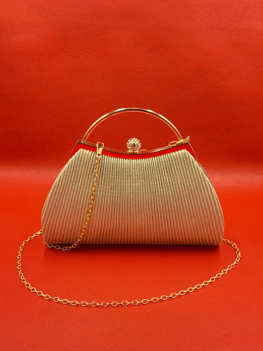 Elegant Pleated Satin Evening Clutch Bag with Rhinestone Clasp & Metal Ring Handle