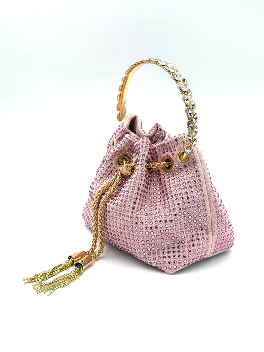 Rough Suede Rhinestone Bucket Bag with Embellished Ring Handle