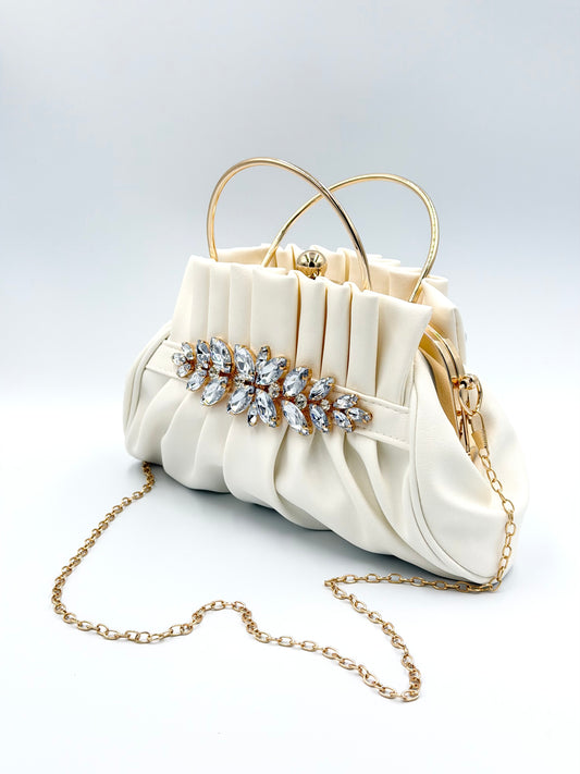Pleated Jewel Frame Clutch - Elegant Evening Crossbody Bag