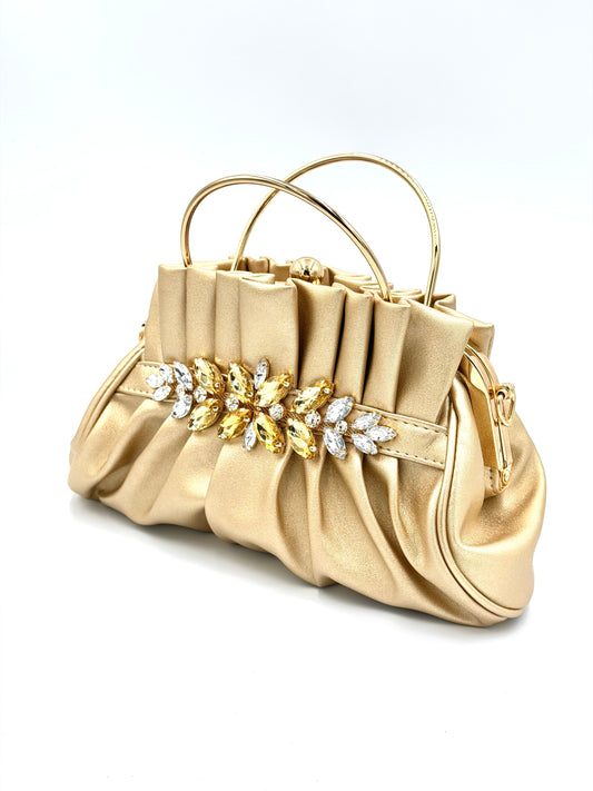 Pleated Jewel Frame Clutch - Elegant Evening Crossbody Bag