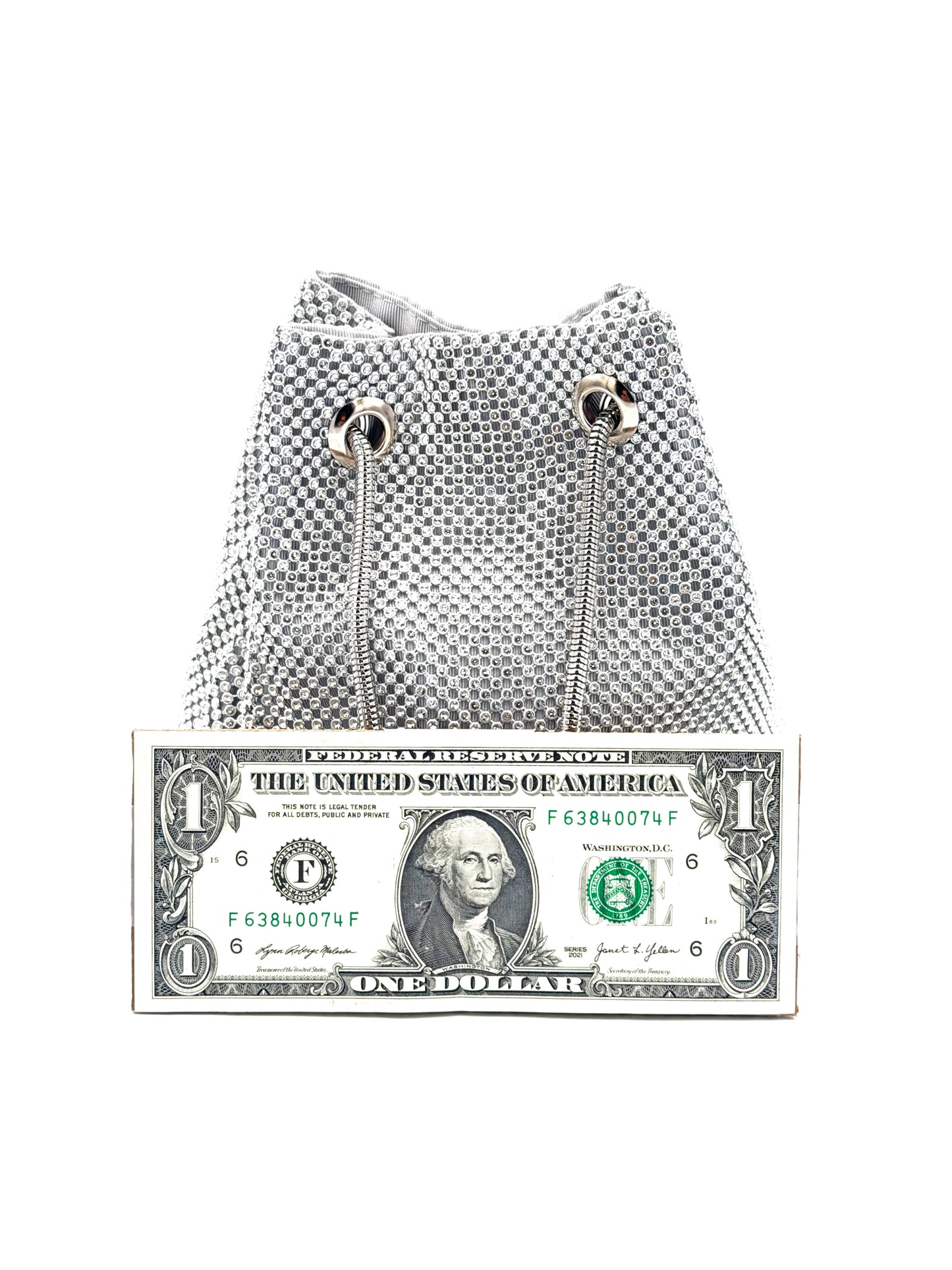 Midnight Glow Silver Rhinestone Bucket Bag - Crystal Mesh Evening Pouch