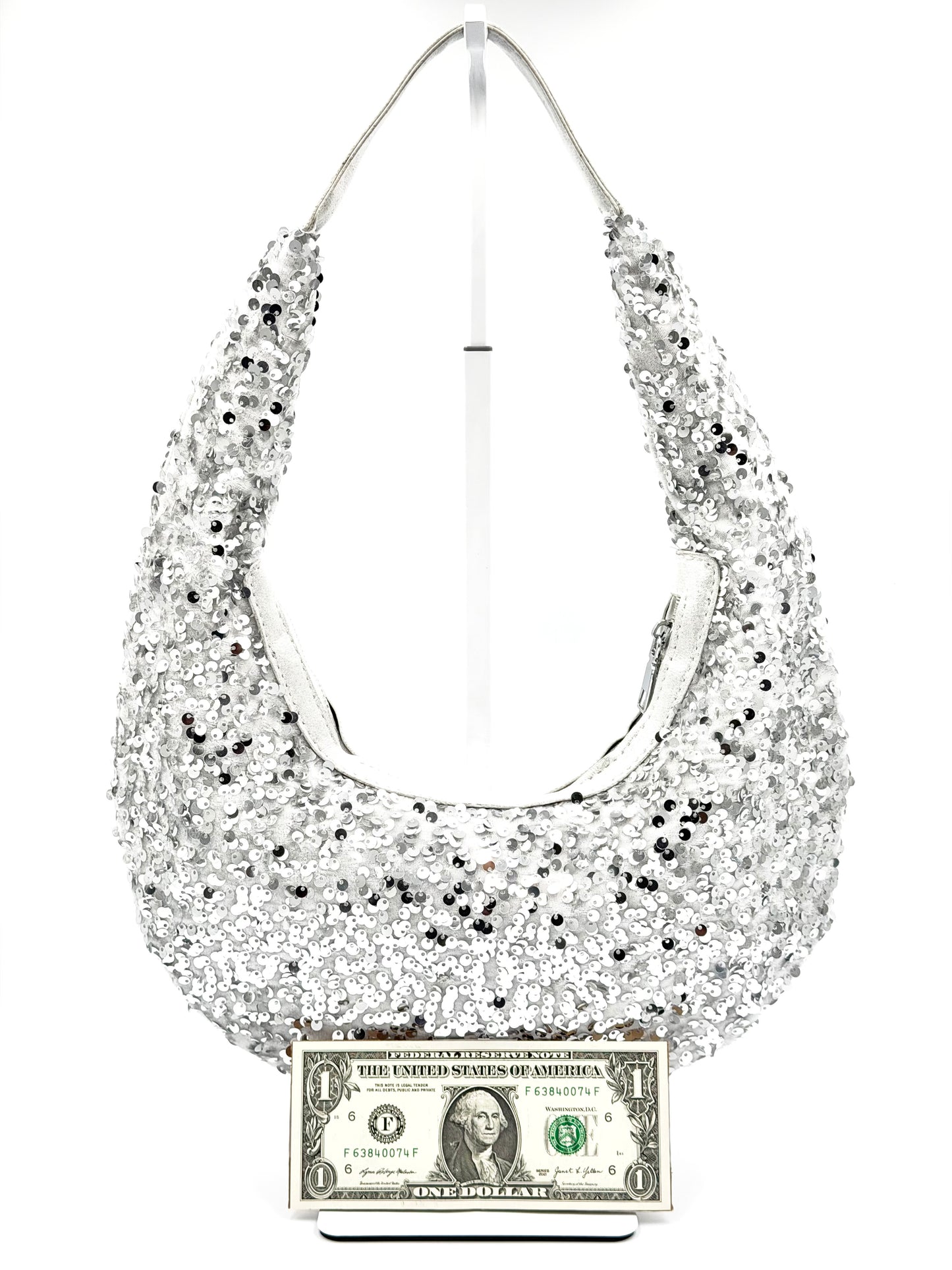 Silver Shimmer Sequined Crescent Hobo Bag
