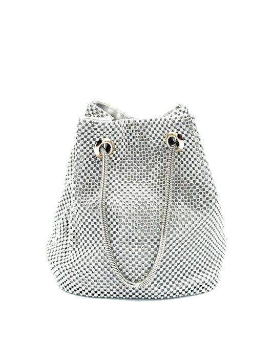 Midnight Glow Silver Rhinestone Bucket Bag - Crystal Mesh Evening Pouch