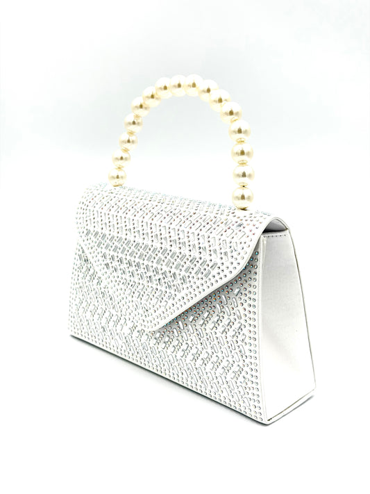 Sparkling White Crystal Evening Clutch with Pearl Bead Handle