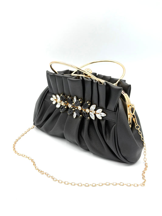 Pleated Jewel Frame Clutch - Elegant Evening Crossbody Bag