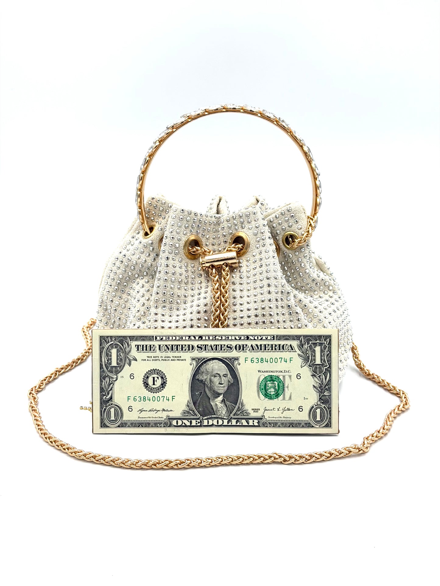 Rough Suede Rhinestone Bucket Bag with Embellished Ring Handle