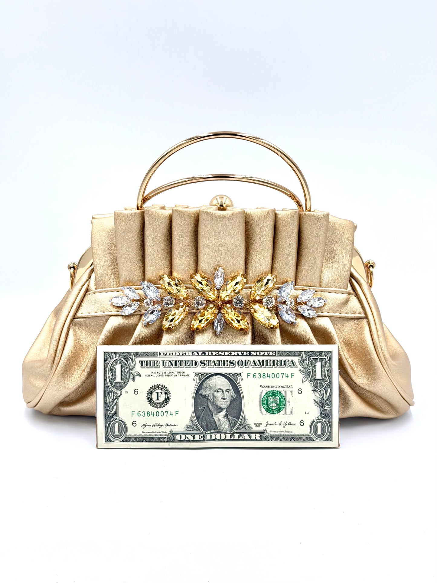 Pleated Jewel Frame Clutch - Elegant Evening Crossbody Bag