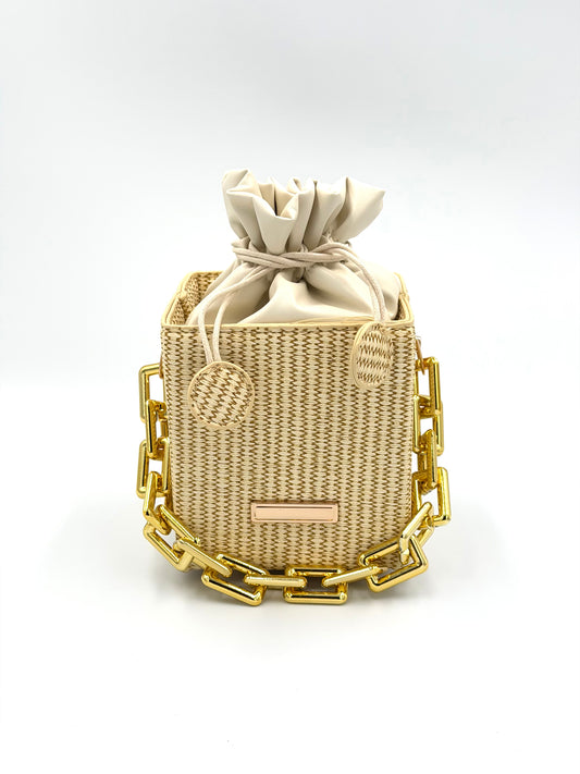 Luna Woven Straw Cube Bag with Chunky Gold Chain Handle