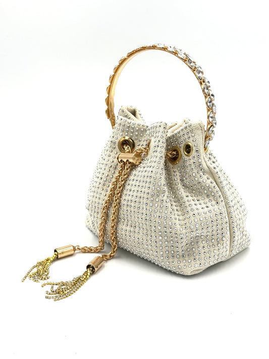 Rough Suede Rhinestone Bucket Bag with Embellished Ring Handle