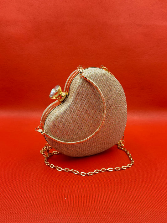 Heart-Shaped Glitter Evening Clutch Bag with Rhinestone Clasp & Gold Chain Strap