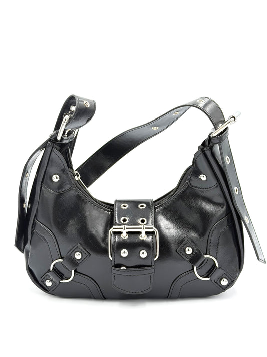 Y2K Studded Buckle Moto Shoulder Bag - Black Grunge Purse