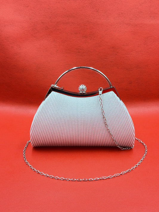 Elegant Pleated Satin Evening Clutch Bag with Rhinestone Clasp & Metal Ring Handle