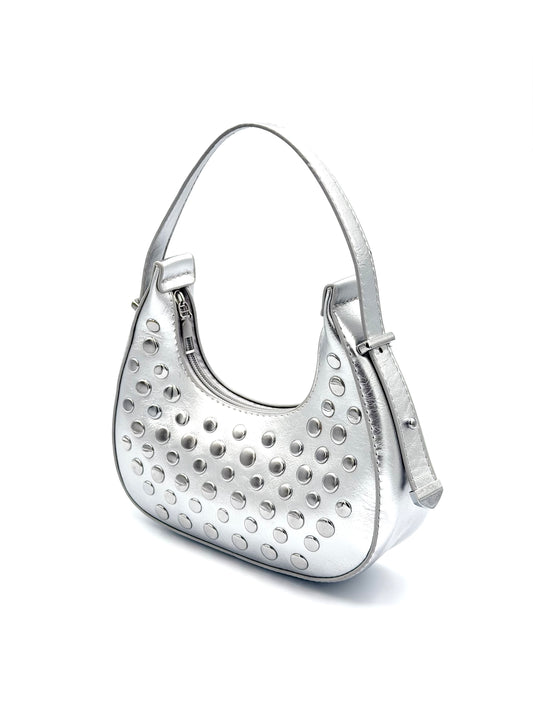 Metallic Silver Studded Mini Hobo Bag - Y2K Edgy Punk Style