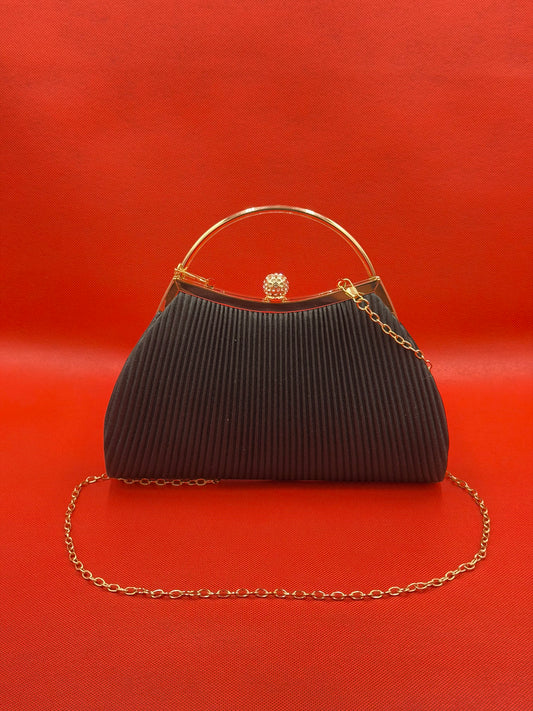 Elegant Pleated Satin Evening Clutch Bag with Rhinestone Clasp & Metal Ring Handle