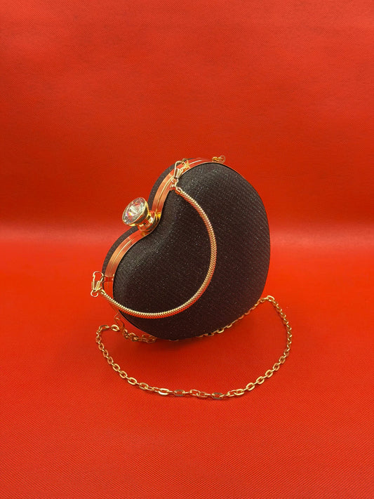 Heart-Shaped Glitter Evening Clutch Bag with Rhinestone Clasp & Gold Chain Strap