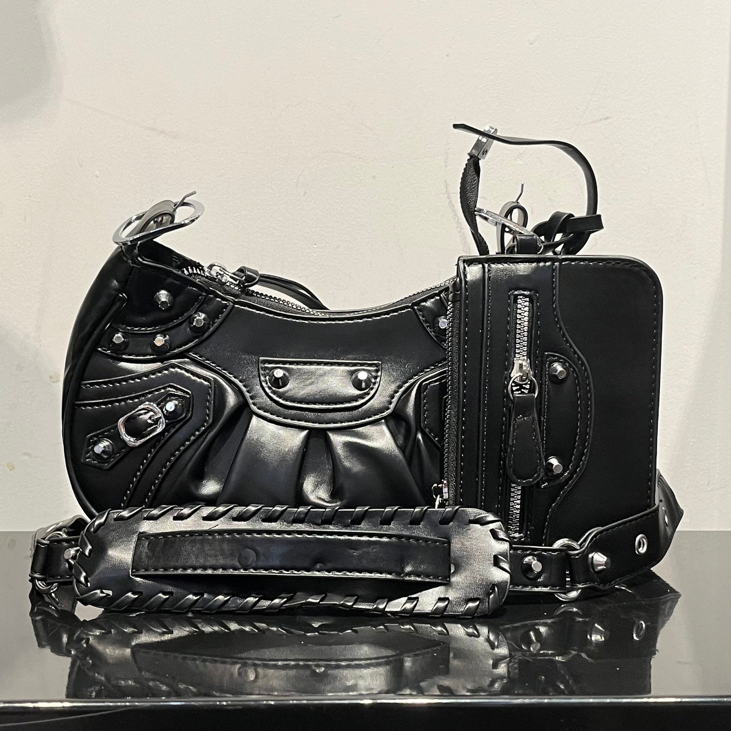 Stud Trim Leather Bag w/ Pouch