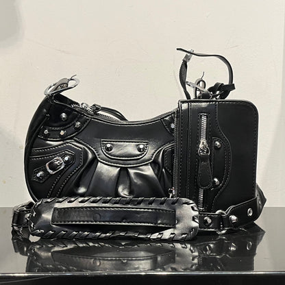 Stud Trim Leather Bag w/ Pouch