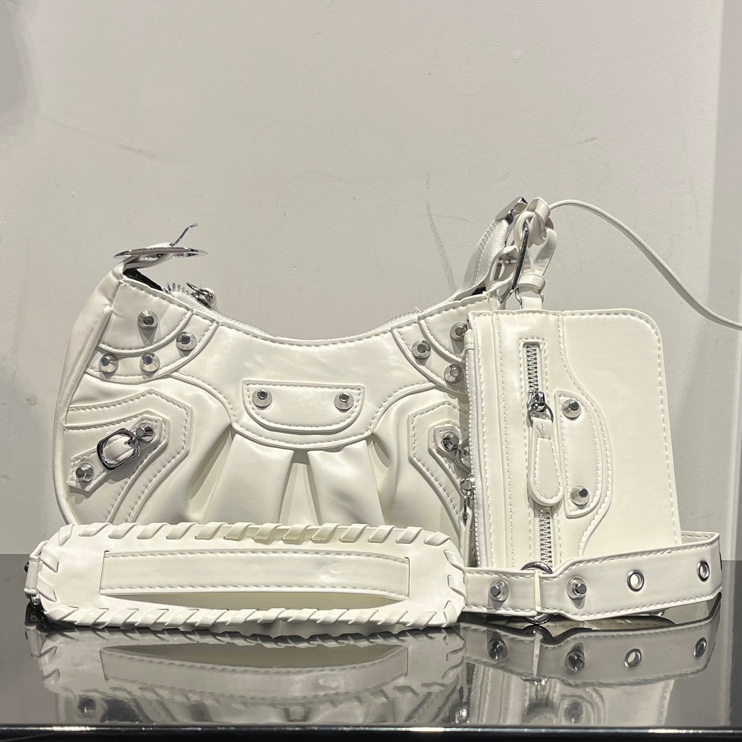 Stud Trim Leather Bag w/ Pouch