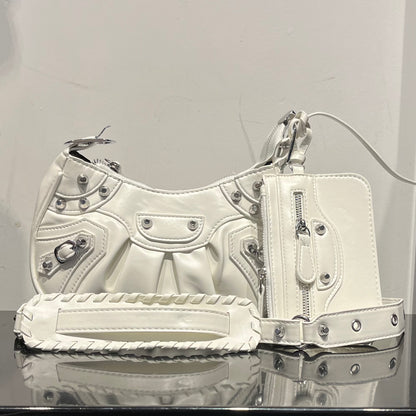 Stud Trim Leather Bag w/ Pouch