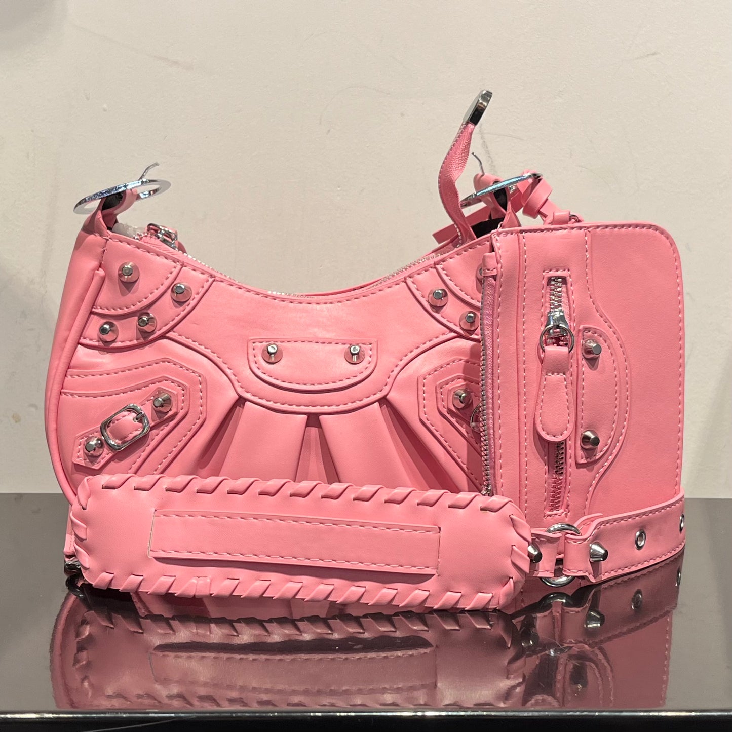 Stud Trim Leather Bag w/ Pouch