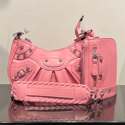 Stud Trim Leather Bag w/ Pouch