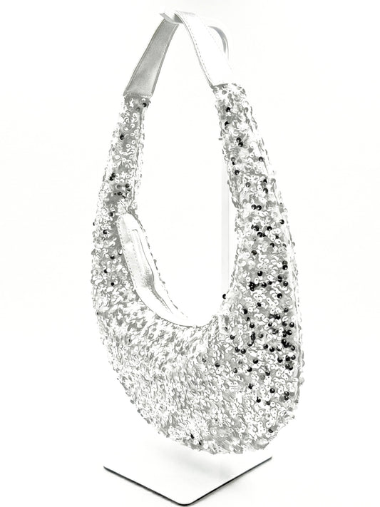 Silver Shimmer Sequined Crescent Hobo Bag