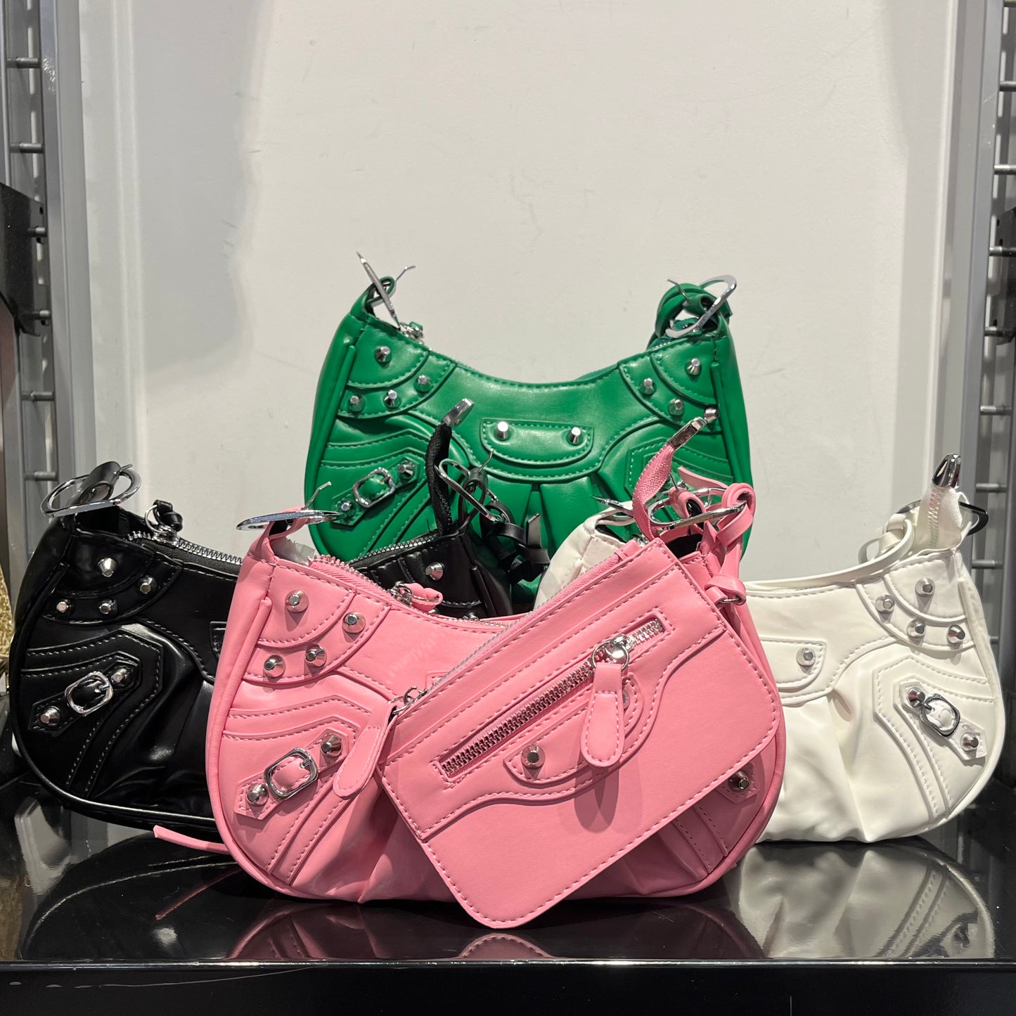 Stud Trim Leather Bag w/ Pouch