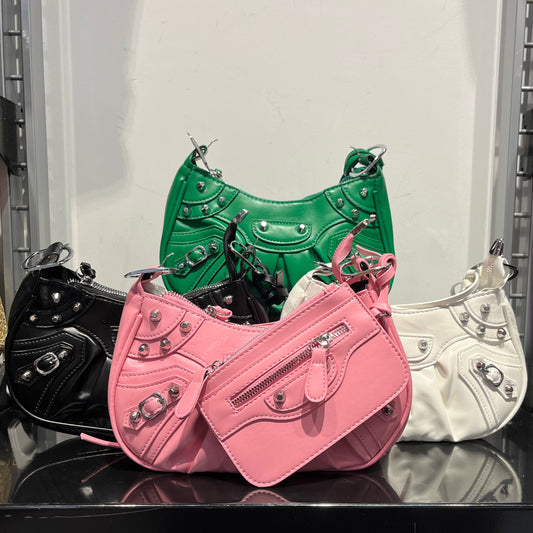 Stud Trim Leather Bag w/ Pouch