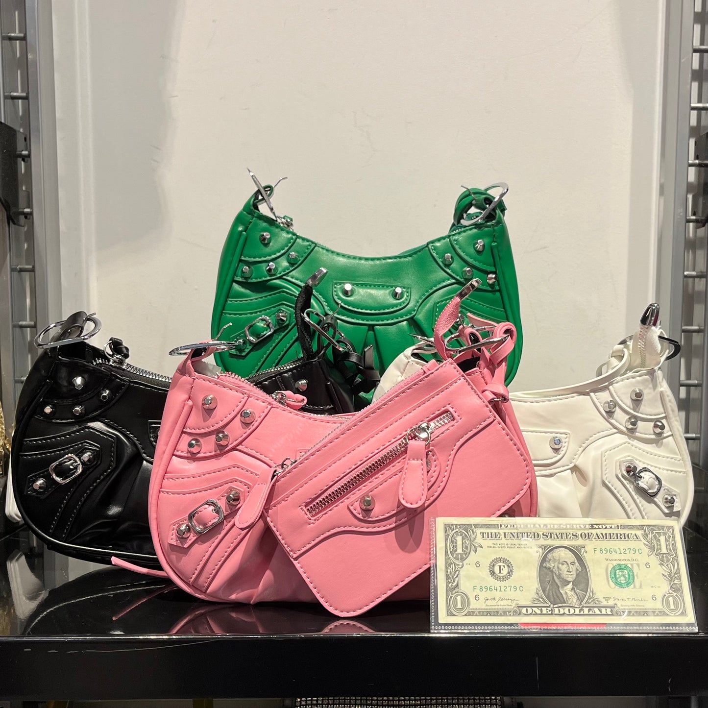 Stud Trim Leather Bag w/ Pouch