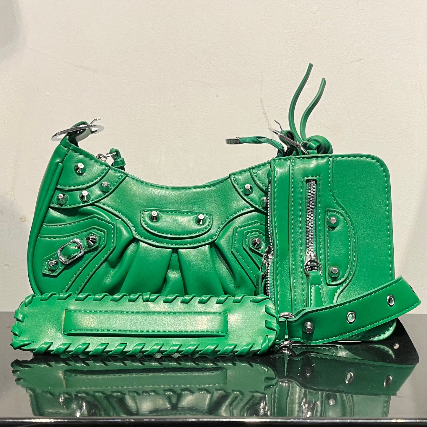 Stud Trim Leather Bag w/ Pouch