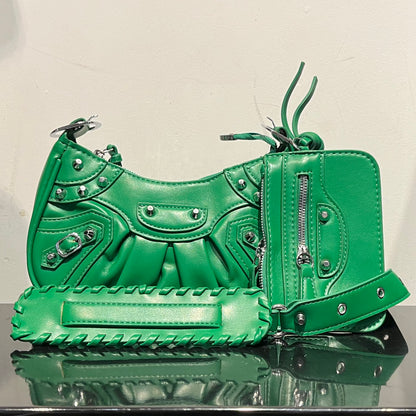 Stud Trim Leather Bag w/ Pouch